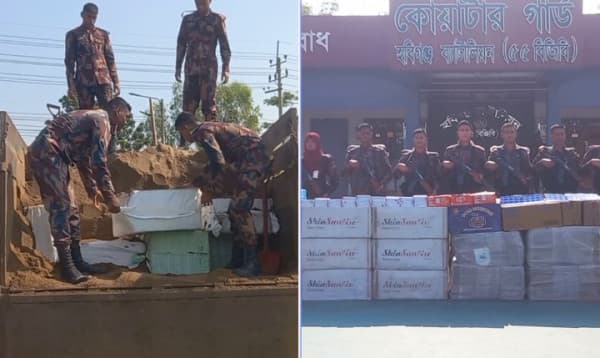 হবিগঞ্জে ট্রাকের পাথর-বালুর নিচে লুকানো সাড়ে ৫ কোটি টাকার ভারতীয় পণ্য জব্দ