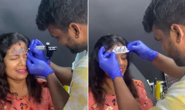 স্বামীর নামে কপালে ট্যাটু করালেন স্ত্রী